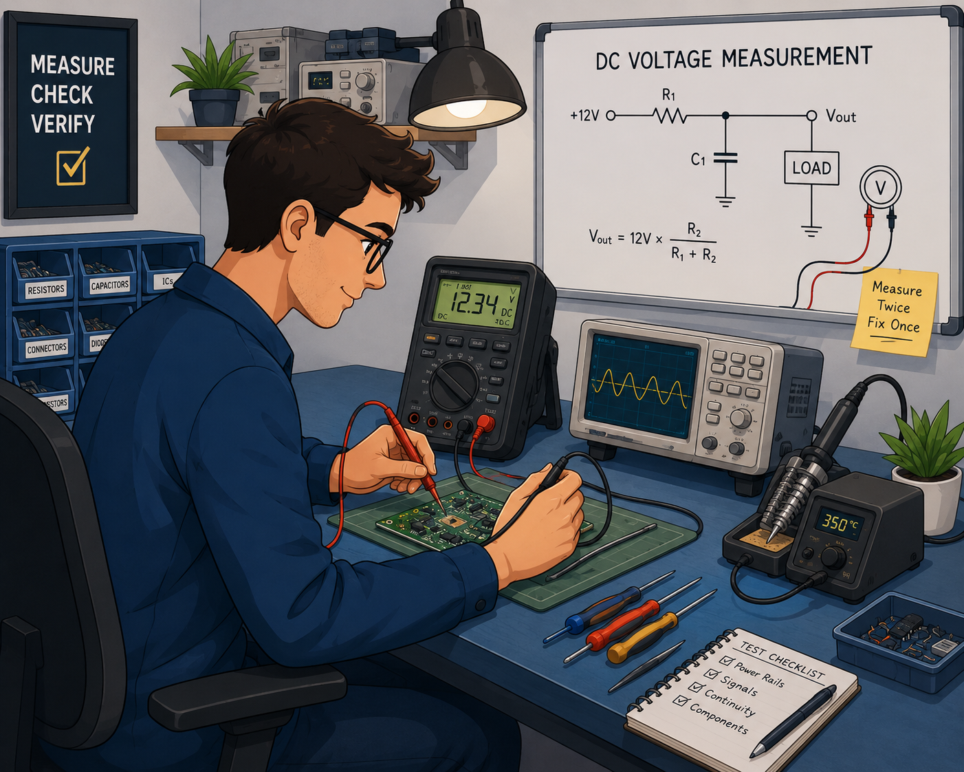 Electronics technician working at a measurement bench